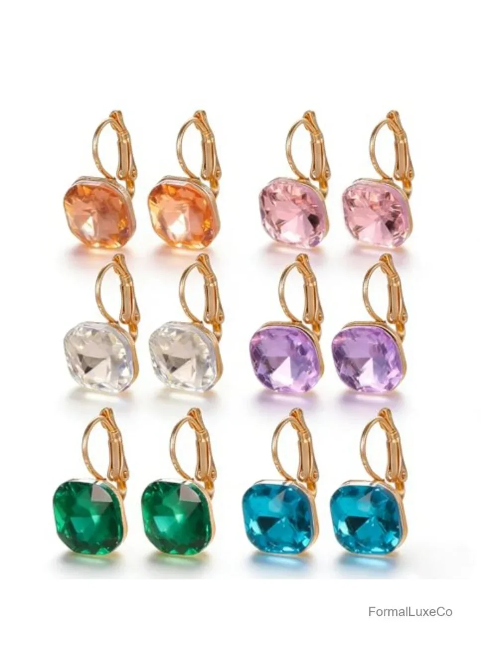 6 Pair Drop Earring Set 14K Gold Plated Austrian Crystal Leverback